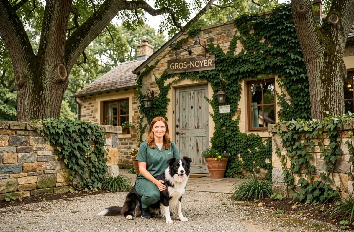 Vétérinaire de la Clinique du Gros-Noyer à Saint-Prix avec un border collie devant la façade de la clinique
