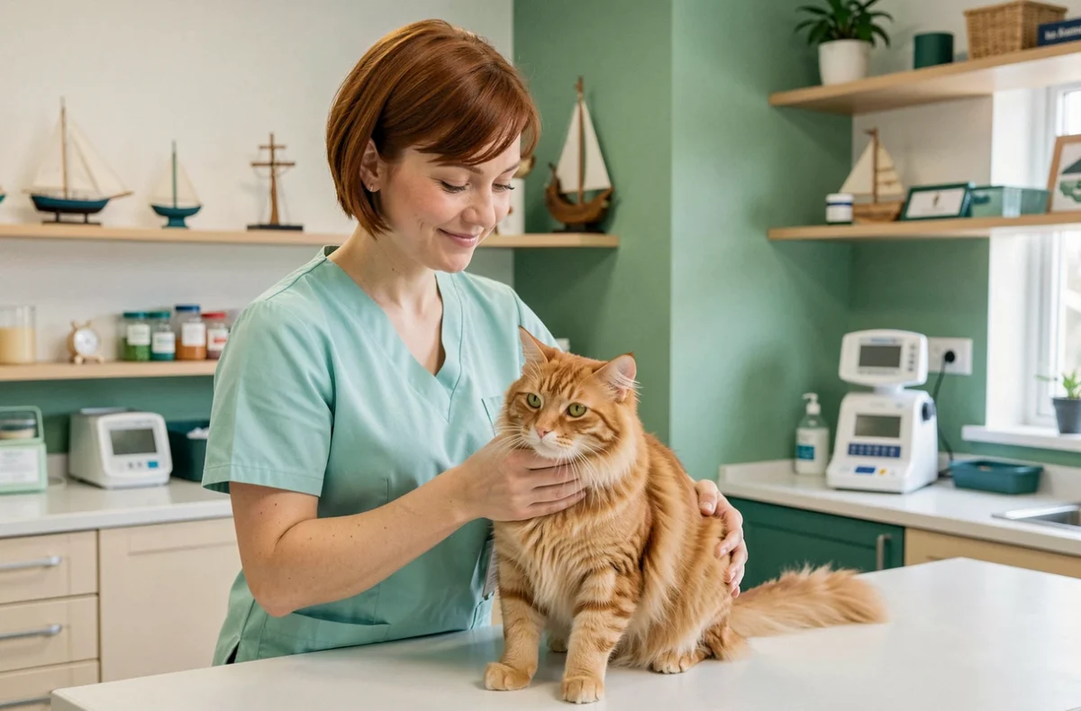 Vétérinaire réalisant un bilan de santé sur un chat roux à la clinique EmeraudeVet'