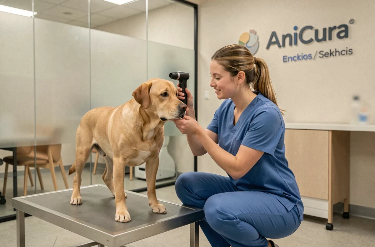 Vétérinaire examinant un labrador dans la clinique AniCura TRIOVet à Rennes