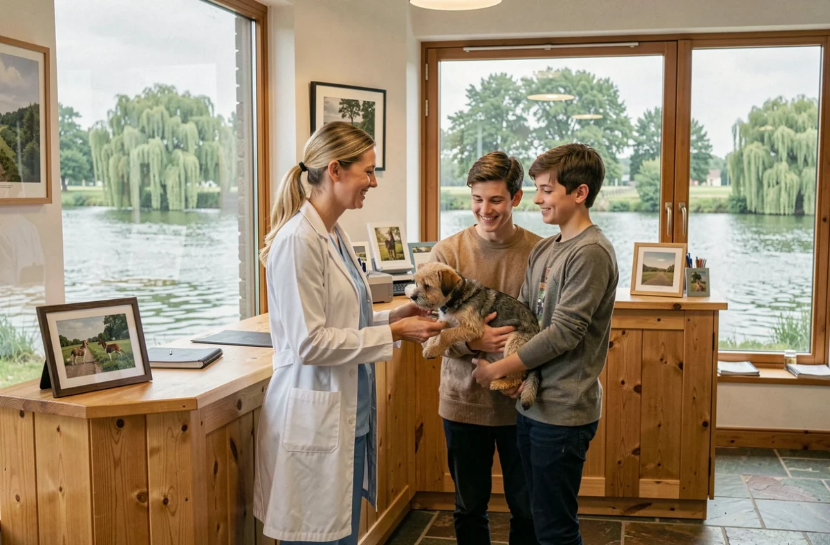 Vétérinaire de la Clinique de Butry-sur-Oise accueillant des propriétaires avec leur chien avec la rivière Oise en arrière-plan