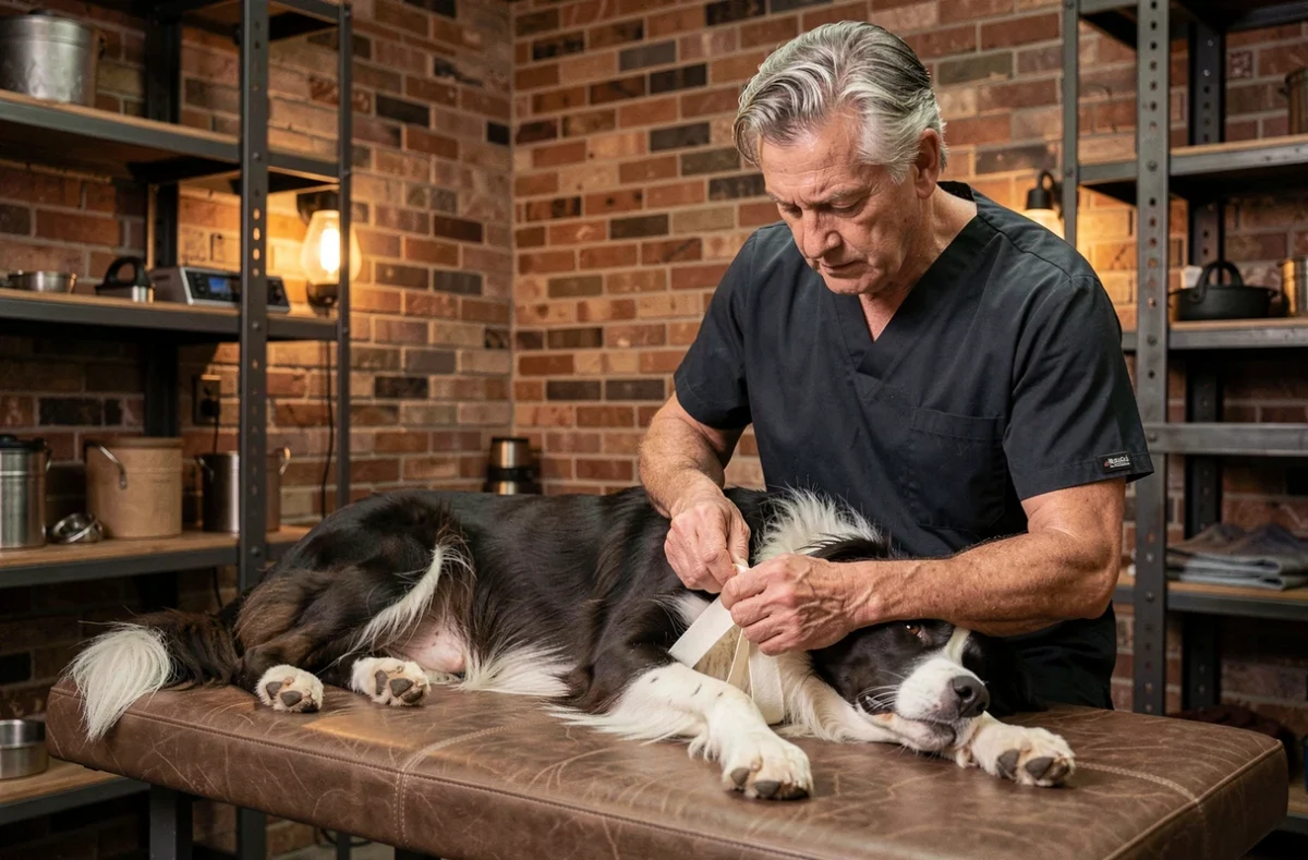 Vétérinaire soignant un border collie à la clinique vétérinaire De La Forge