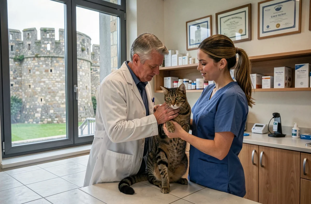 Vétérinaire de la Clinique des Remparts à Pontoise examinant un chat tigré avec son assistante