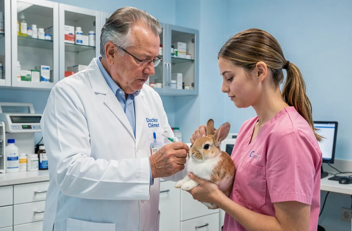 Le Docteur Clément administrant un vaccin à un lapin dans sa clinique vétérinaire