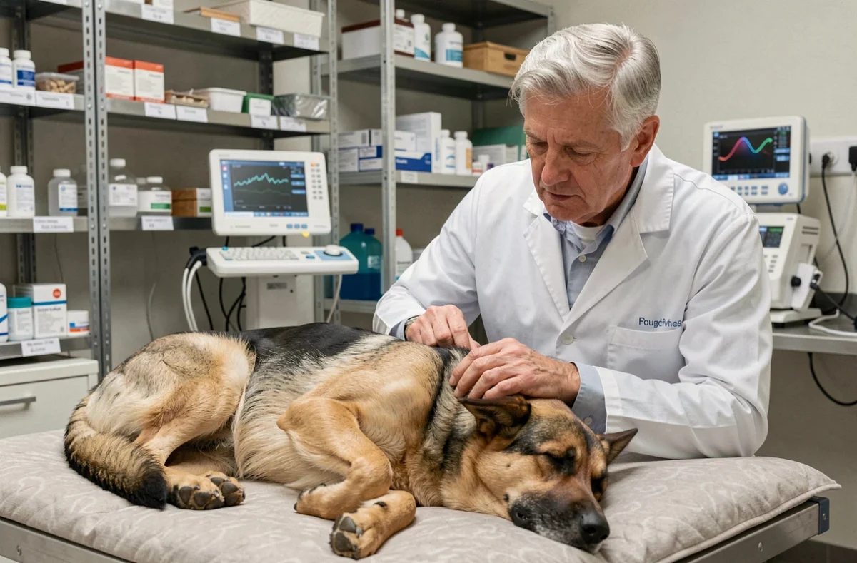 Vétérinaire supervisant la récupération post-opératoire d'un berger allemand à la clinique vétérinaire de Fougères