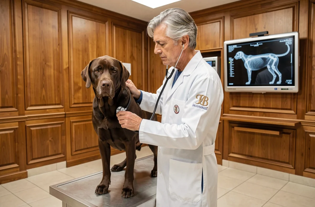Vétérinaire de la Clinique Jules César ausculte un labrador calme sur une table d'examen