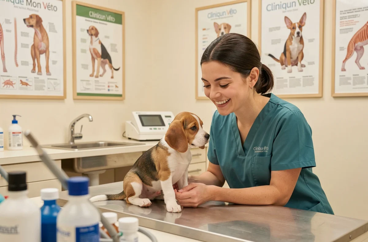 Vétérinaire de la Clinique Mon Véto à Beaumont examinant un jeune beagle sur une table d'examen