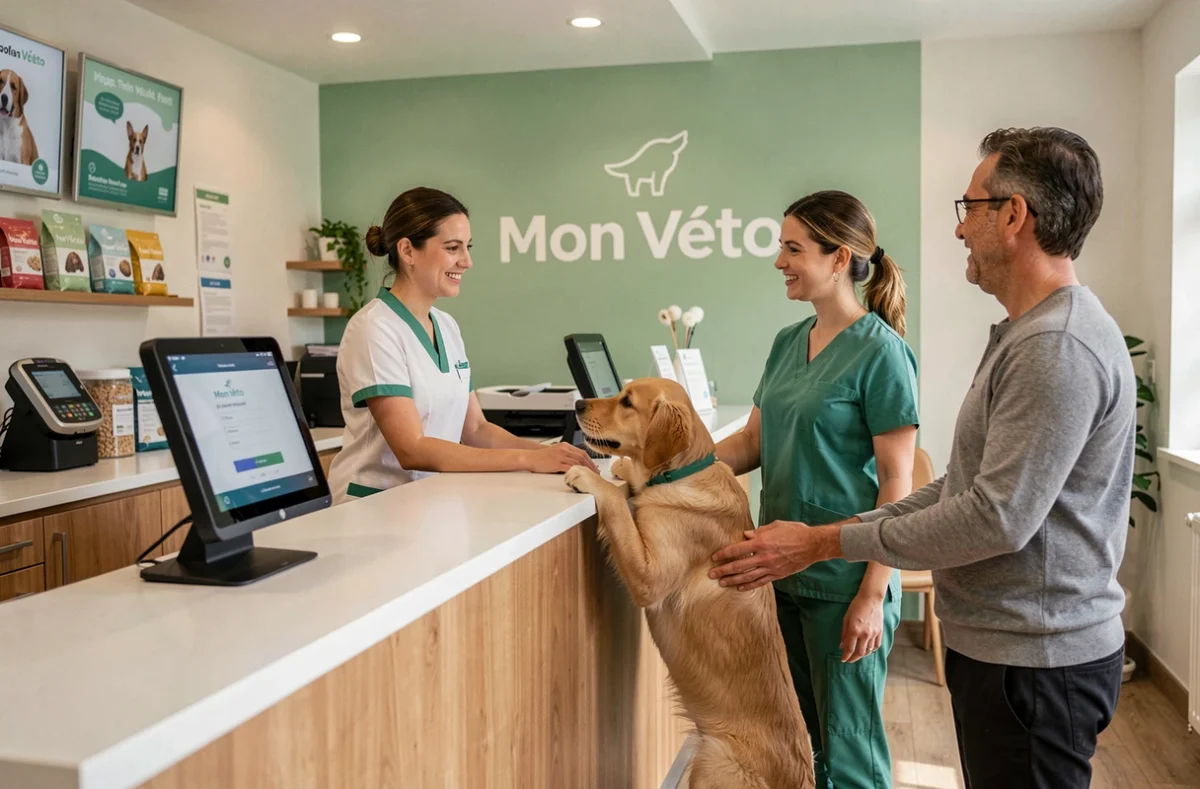 Réception chaleureuse de la clinique vétérinaire Mon Véto Bruz avec un chiot labrador