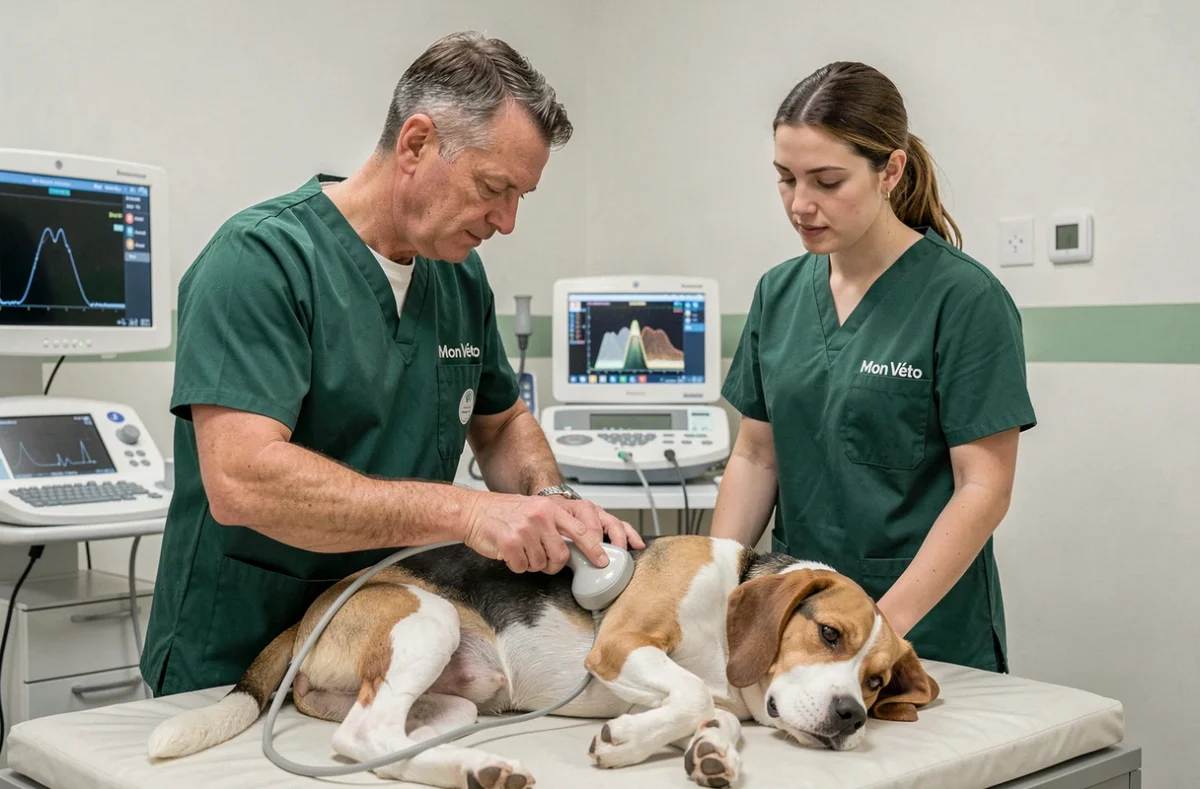 Échographie réalisée sur un beagle dans la clinique vétérinaire Mon Véto Noyal