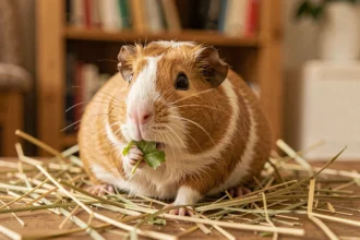 Cochon d'Inde adulte en bonne santé mangeant une feuille verte sur une table en bois