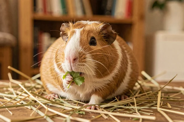 Cochon d'Inde adulte en bonne santé mangeant une feuille verte sur une table en bois