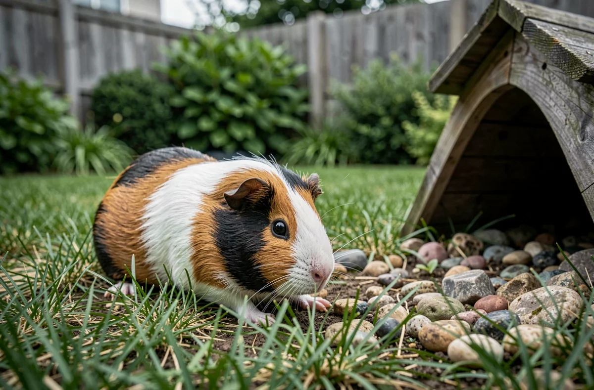 Cochon d'Inde explorant un enclos extérieur naturel en bonne santé et actif