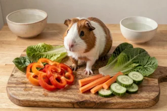 Cochon d'Inde entouré de légumes frais sur une planche en bois dans une cuisine