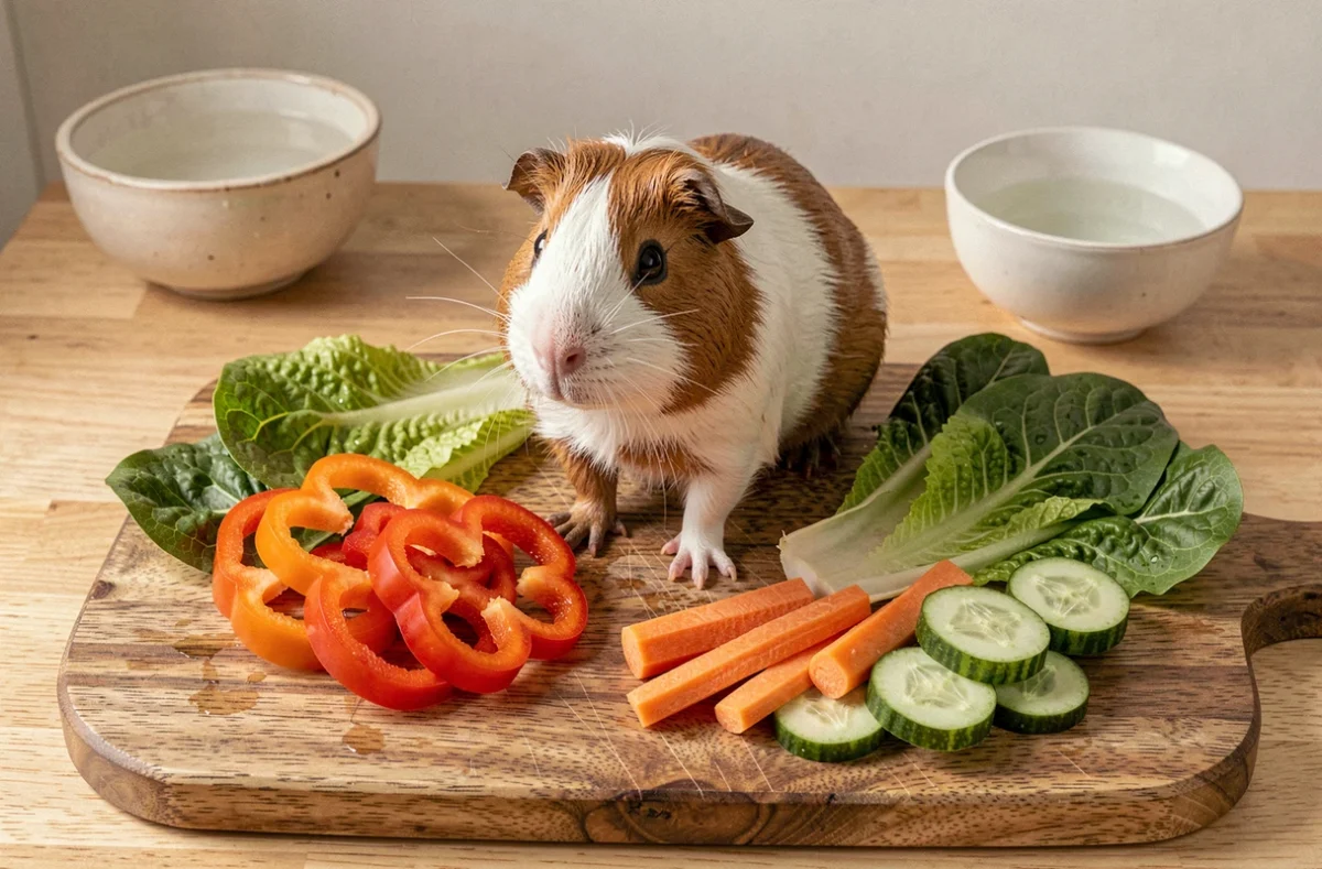 Cochon d'Inde entouré de légumes frais sur une planche en bois dans une cuisine