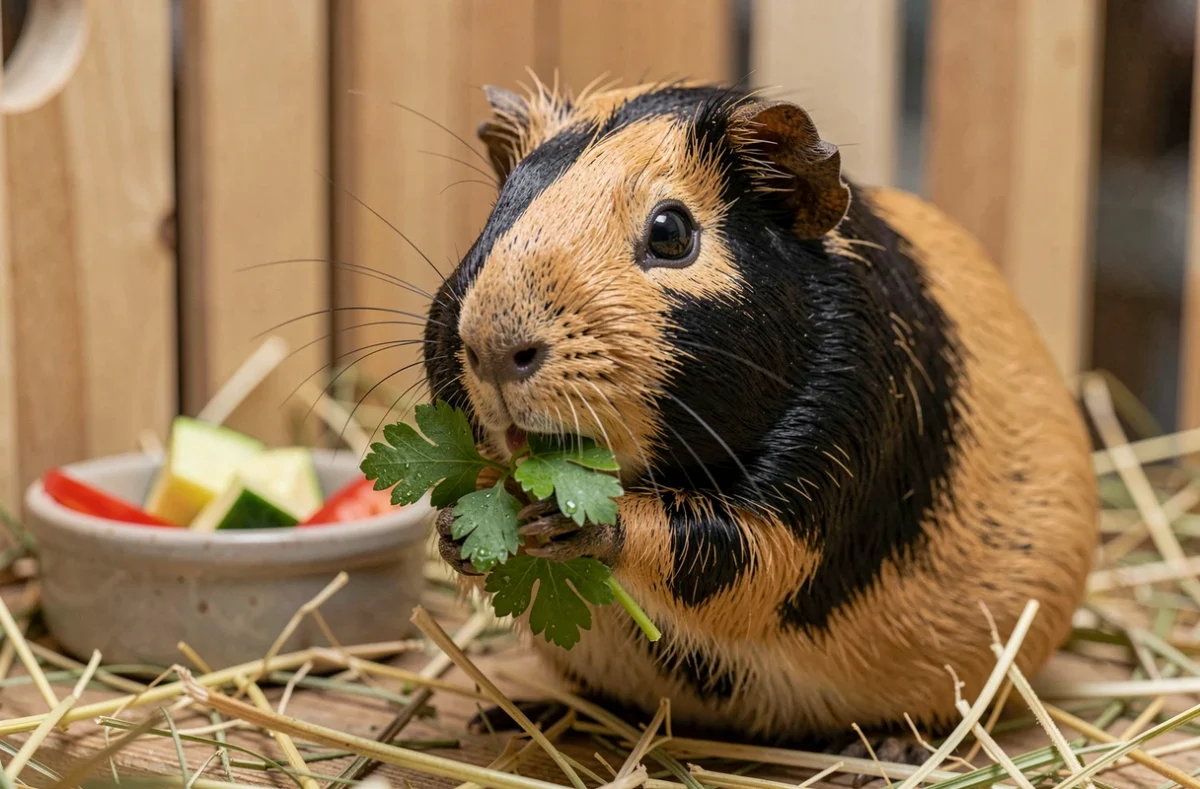 Cochon d'Inde mangeant du persil frais dans sa cage avec des légumes dans la gamelle