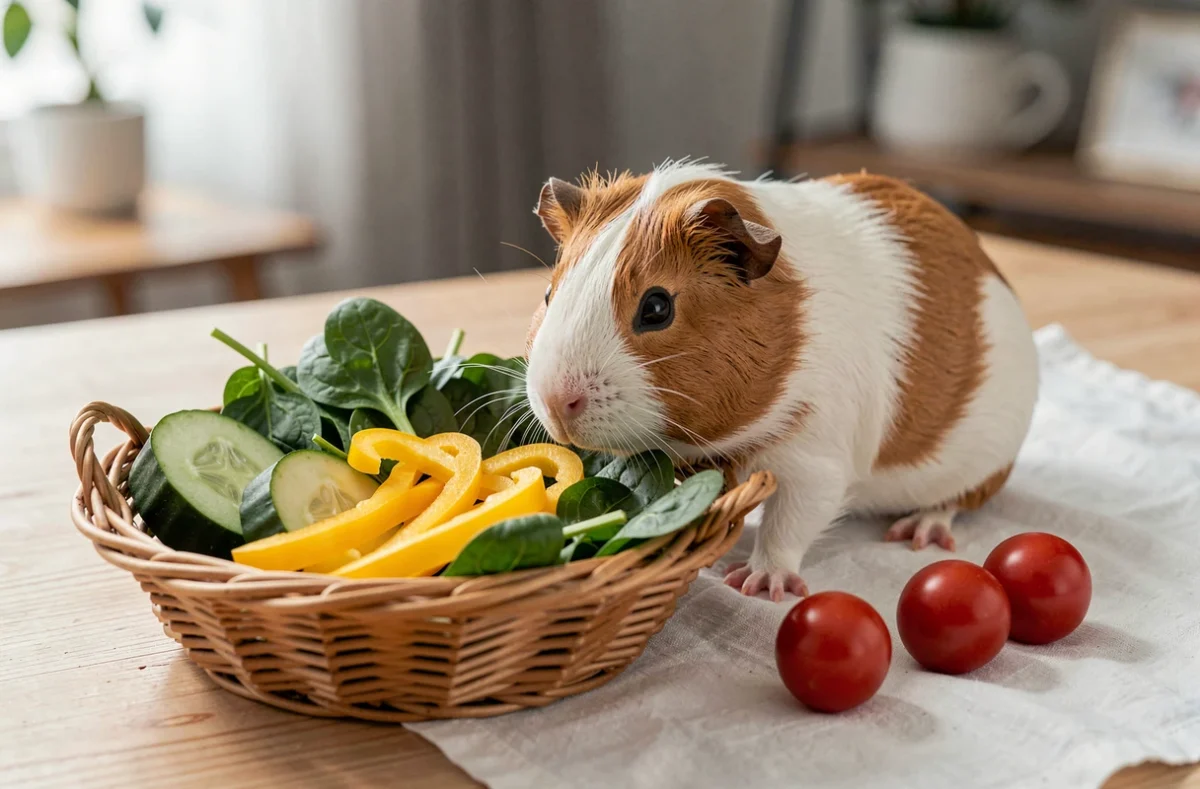 Cochon d'Inde explorant un panier de légumes variés adaptés à son alimentation