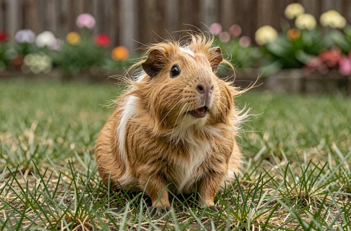Cochon d'Inde à poil long assis dans l'herbe en extérieur la bouche ouverte en train de crier