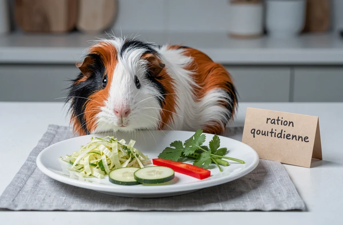 Cochon d'Inde à côté d'une assiette de légumes en ration quotidienne mesurée