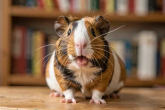 Cochon d'Inde brun et blanc la bouche ouverte en train de vocaliser sur une surface en bois