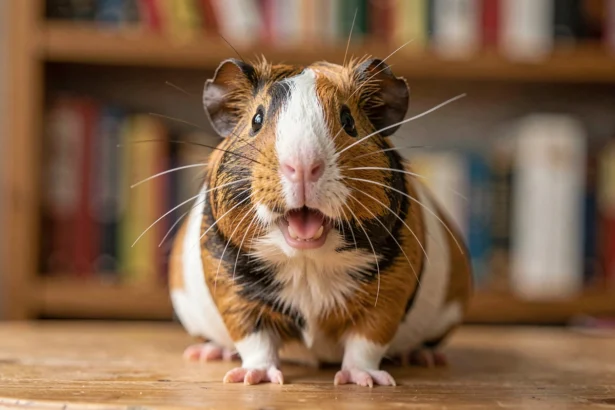 Cochon d'Inde brun et blanc la bouche ouverte en train de vocaliser sur une surface en bois