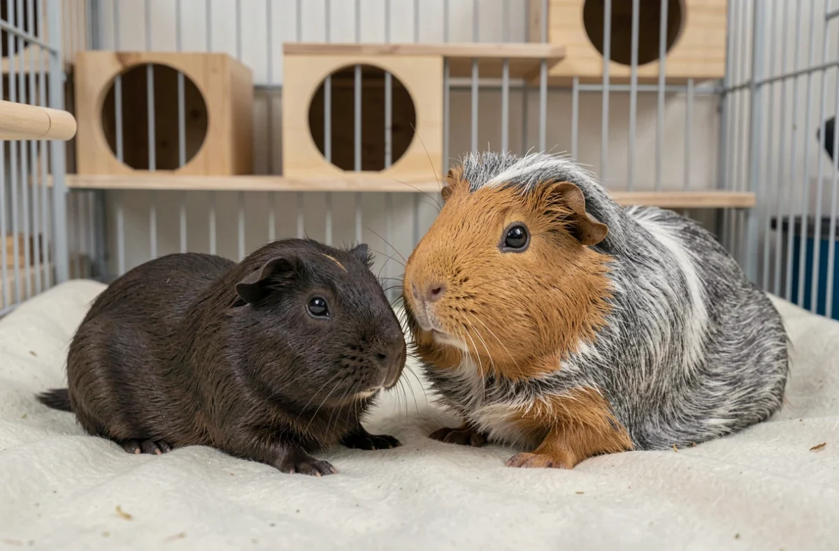 Deux cochons d'Inde d'âges différents côte à côte illustrant les stades de vie