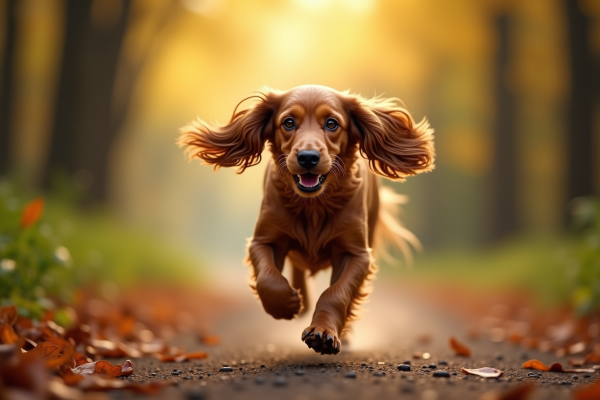 Cocker spaniel courant sur un chemin en forêt en plein soleil