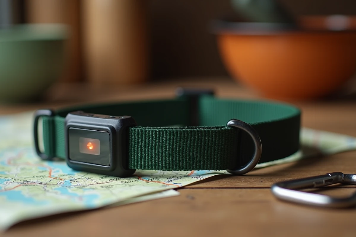 Gros plan d'un collier GPS étanche vert posé sur une table avec une carte de randonnée