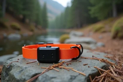 Collier GPS étanche orange posé sur une pierre de sentier de randonnée en forêt