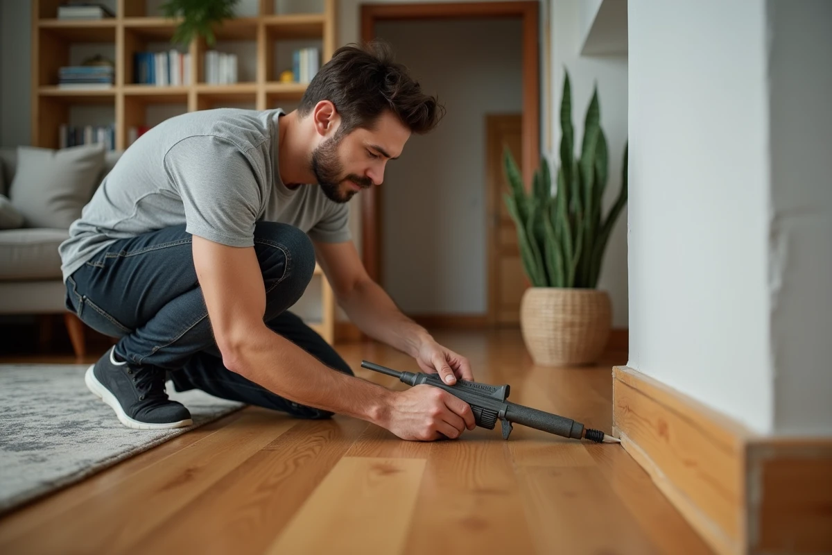Homme colmatant les fissures d'une plinthe pour empêcher les insectes d'entrer dans la maison
