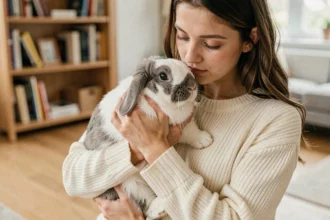 Jeune femme tenant correctement un lapin blanc et gris en soutenant ses pattes arrière des deux mains