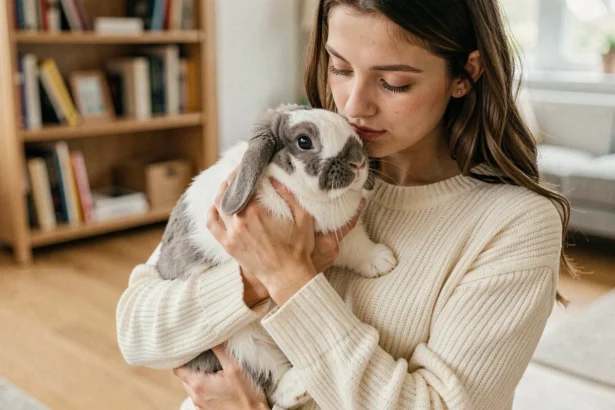 Jeune femme tenant correctement un lapin blanc et gris en soutenant ses pattes arrière des deux mains