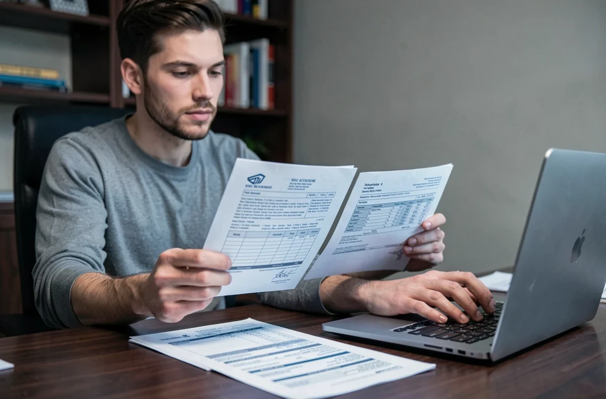 Personne comparant un contrat d'assurance animale et une facture vétérinaire sur un bureau à domicile pour gérer un dépassement de plafond