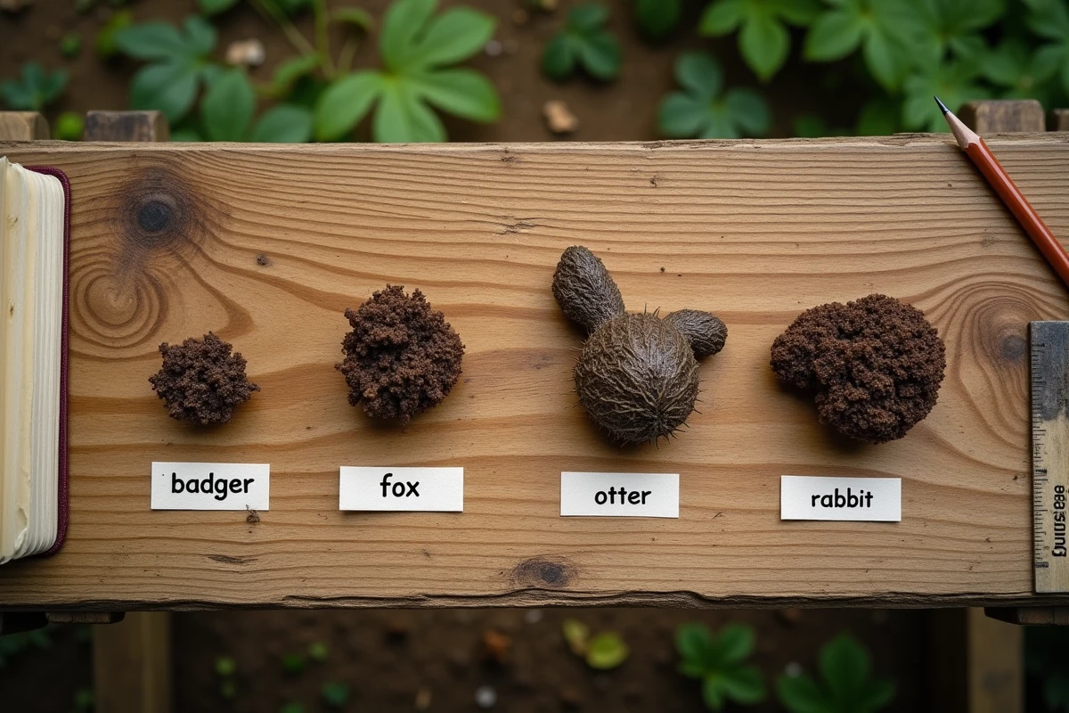 Comparaison de crottes d'animaux sauvages côte à côte sur une table en bois pour éviter les erreurs d'identification