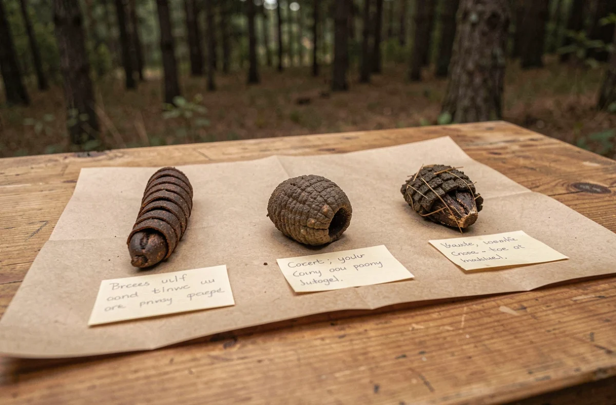 Comparaison de trois types de crottes d'animaux sauvages disposées sur une table en bois pour identification, dont des fèces de sanglier
