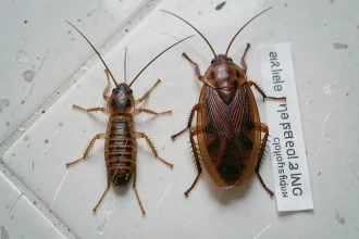 Comparaison côte à côte d'un ophone insecte et d'une blatte de cuisine sur un plan de travail en céramique blanche