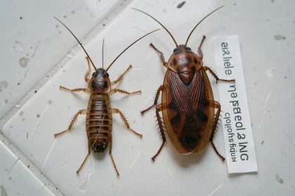 Comparaison côte à côte d'un ophone insecte et d'une blatte de cuisine sur un plan de travail en céramique blanche