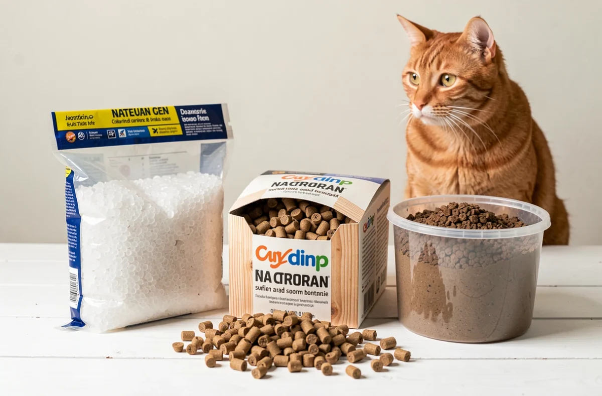 Comparaison de trois types de litière pour chat : cristaux de silice, granulés de bois et argile agglomérante
