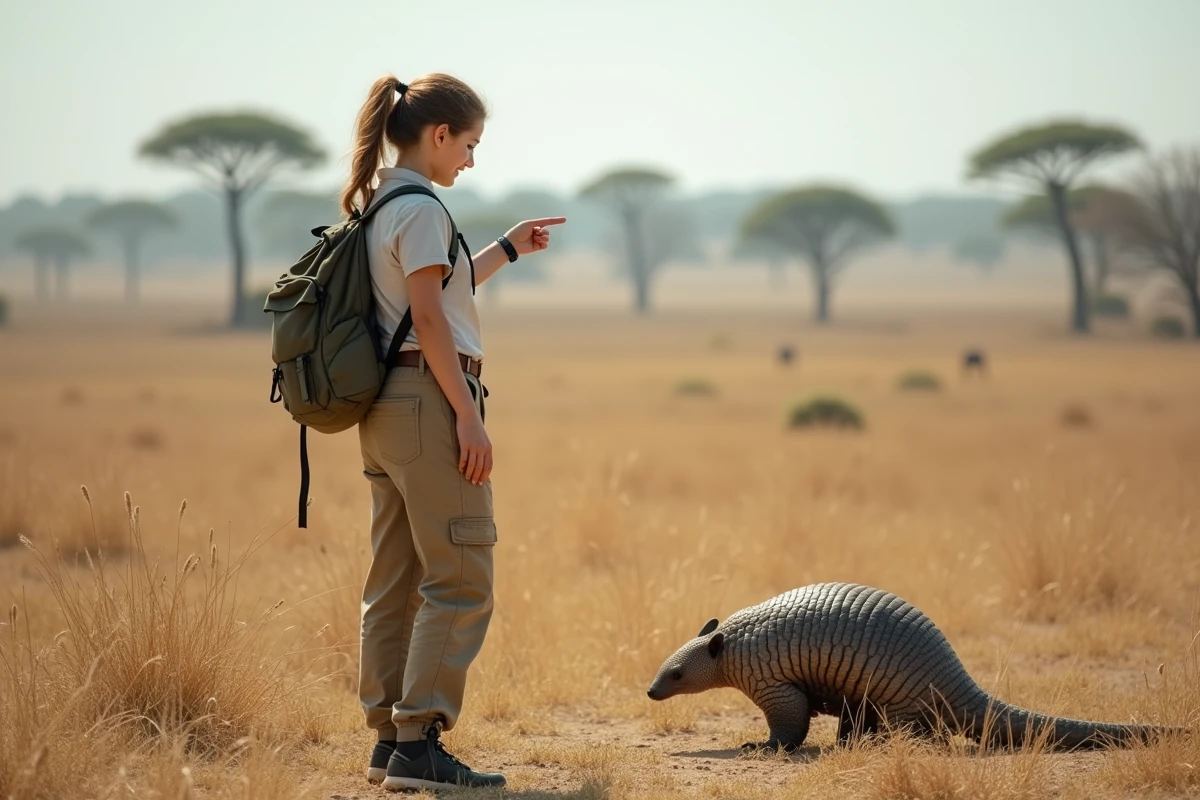 Jeune femme conservationniste observant un pangolin dans la savane