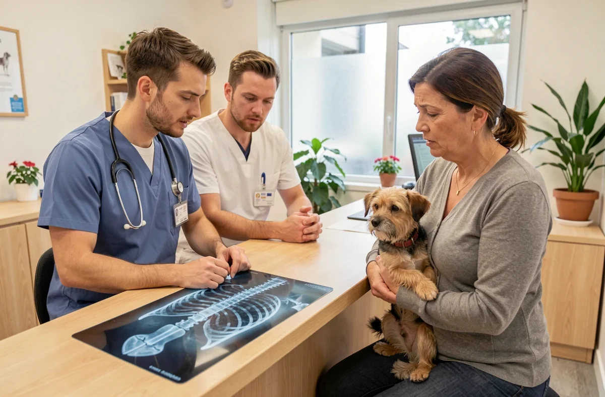 Propriétaire de chien discutant du prix de la radiographie avec un vétérinaire à l'accueil d'une clinique vétérinaire