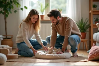 Jeune couple assemble coin pour chaton dans un salon chaleureux