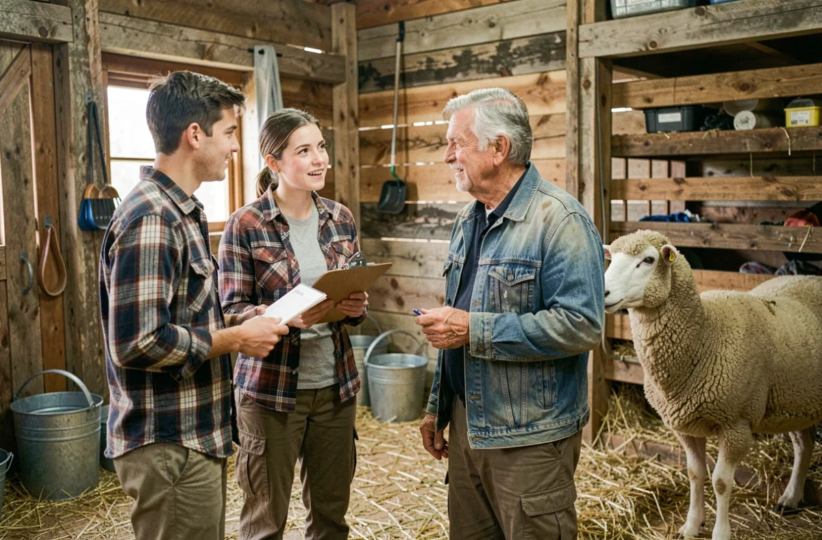 Couple discutant avec un éleveur dans une bergerie avec une check-list lors de l'achat d'un mouton Texel