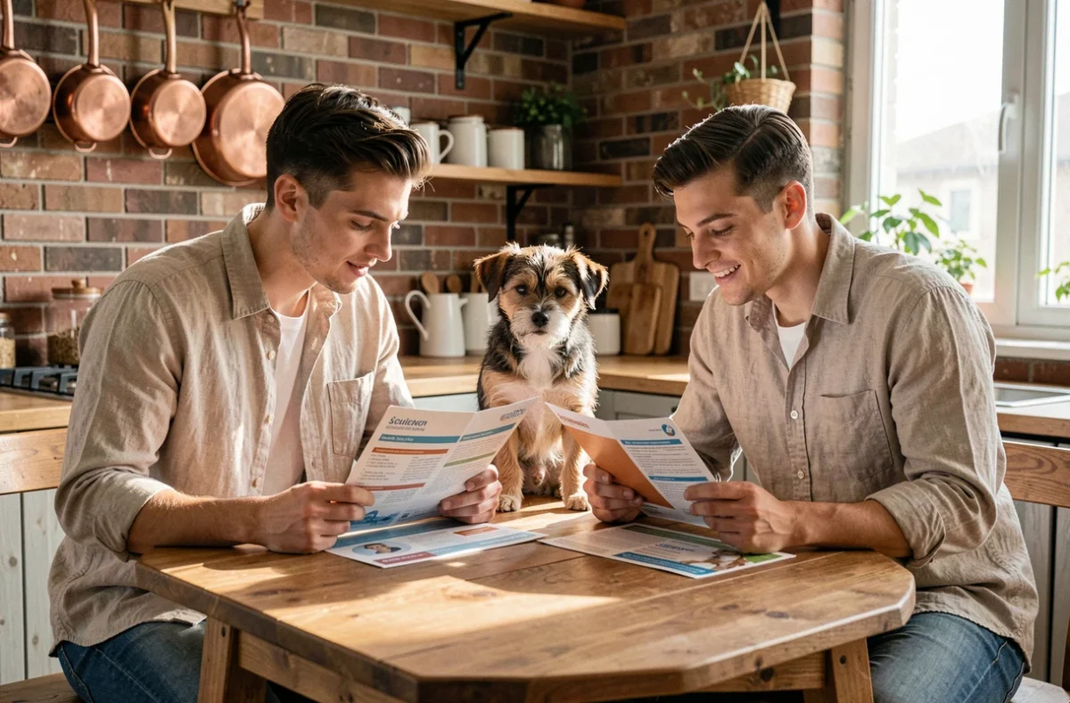Couple comparant des offres de mutuelle pour chien sans carence à la maison avec leur animal de compagnie