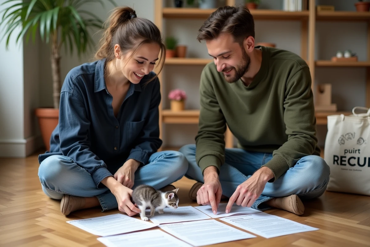 Couple vérifiant les documents d'adoption d'un chaton de 3 mois avec certificat de stérilisation et carnet de vaccination dans un appartement en Île-de-France