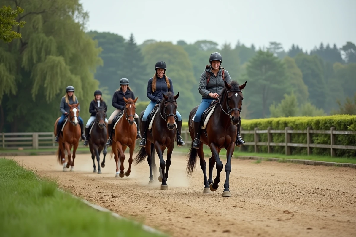 Cours collectif en extérieur avec trois chevaux d'école portant des cavaliers adultes débutants dans un carrière bordée de haies