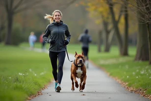 Femme en jogging avec son chien Bully XXL dans un parc urbain