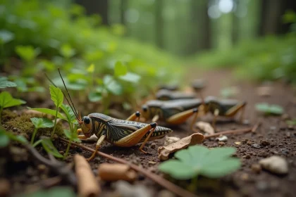 Crickets sauvages se nourrissant dans la forêt