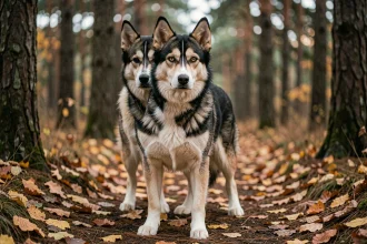 Chien croisé husky berger allemand debout sur un sentier forestier en automne, fourrure bicolore et yeux vairons