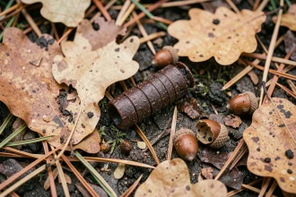 Crotte de sanglier sur sol forestier humide entourée de feuilles mortes et d'empreintes, photo macro pour identification naturaliste