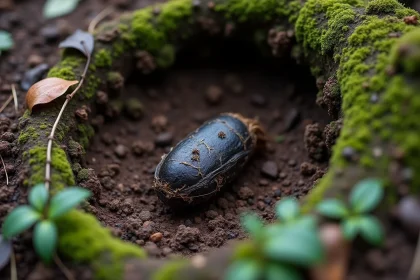 Crottes de blaireau dans une latrине forestière naturelle, entourées de feuilles mortes et de mousse humide
