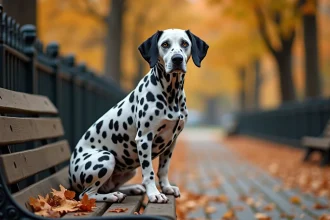 Dalmatien assis sur un banc en bois dans un parc automnal, illustration d'animal commençant par la lettre D