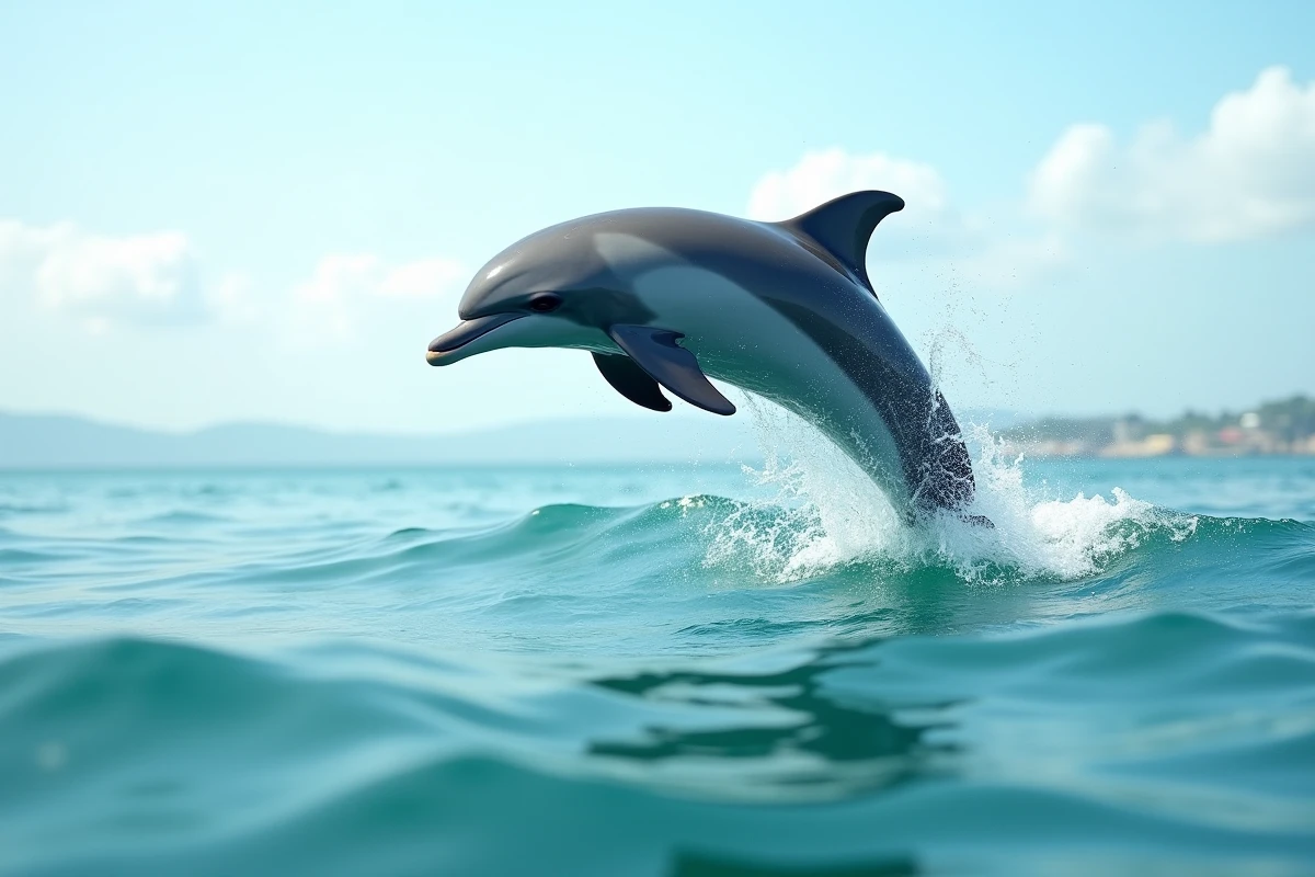 Dauphin sautant hors de l'eau dans l'océan, animal sauvage commençant par la lettre D pour quiz nature